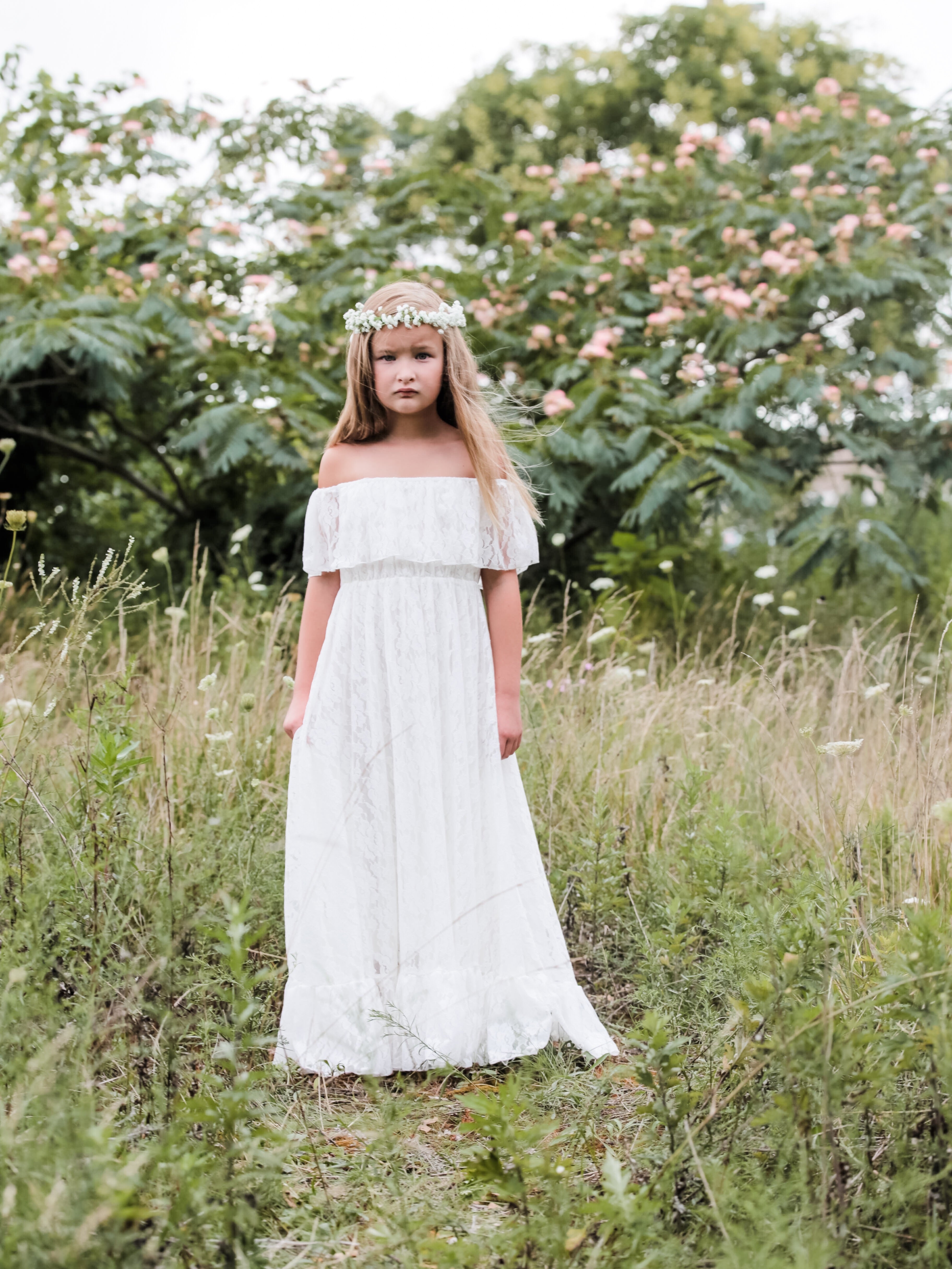 Bohemian flower girl dress, White lace flower girl dress, rustic